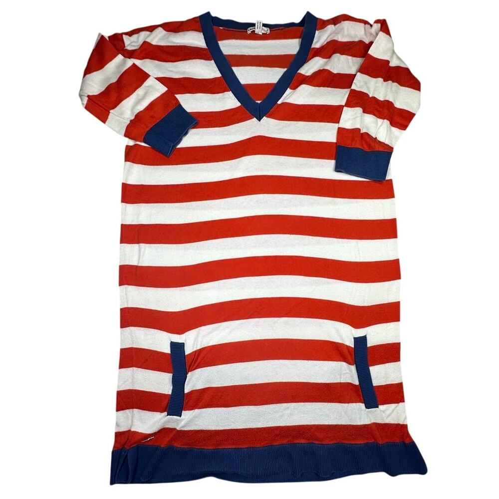 Lacoste Striped Knit Tunic Mini Dress Front Pockets V-Neck Size 40